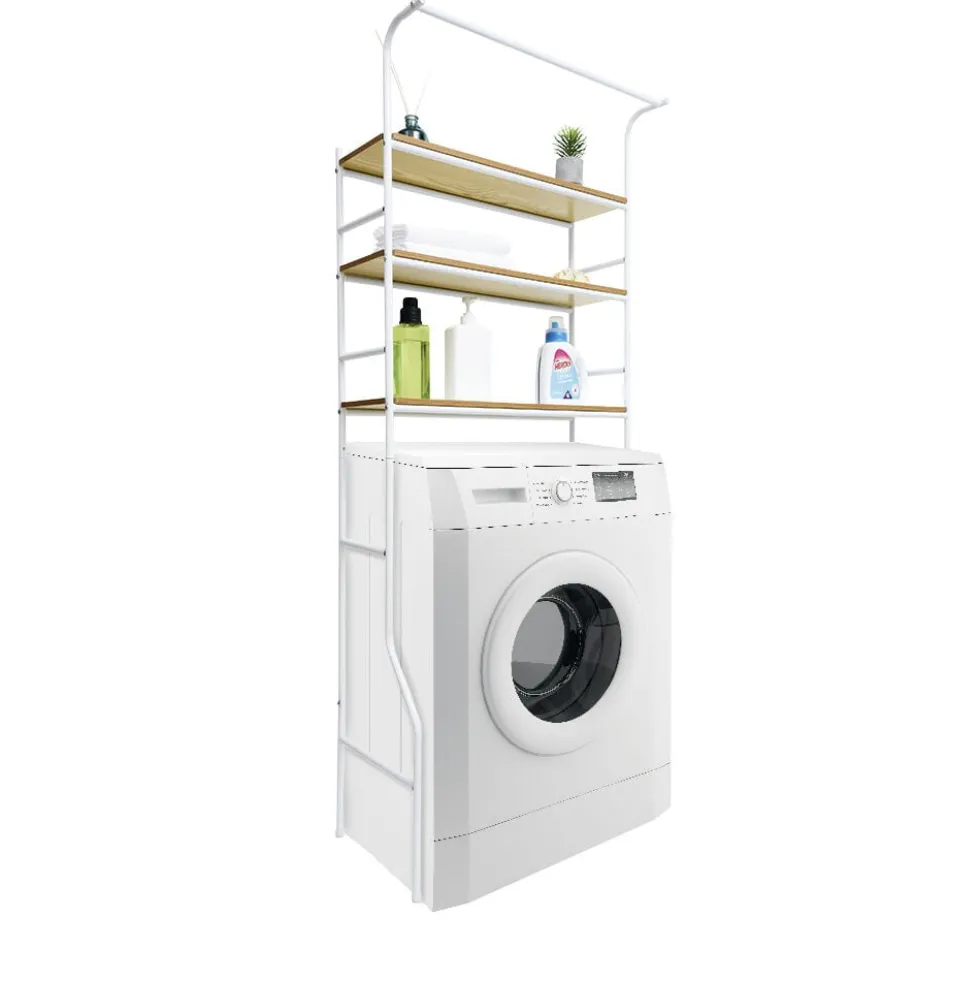 Meuble buanderie métal bois blanc et naturel 3 niveaux