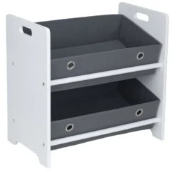 Meuble de rangement enfant 2 niveaux bois blanc et panières grises 50x30xH48cm