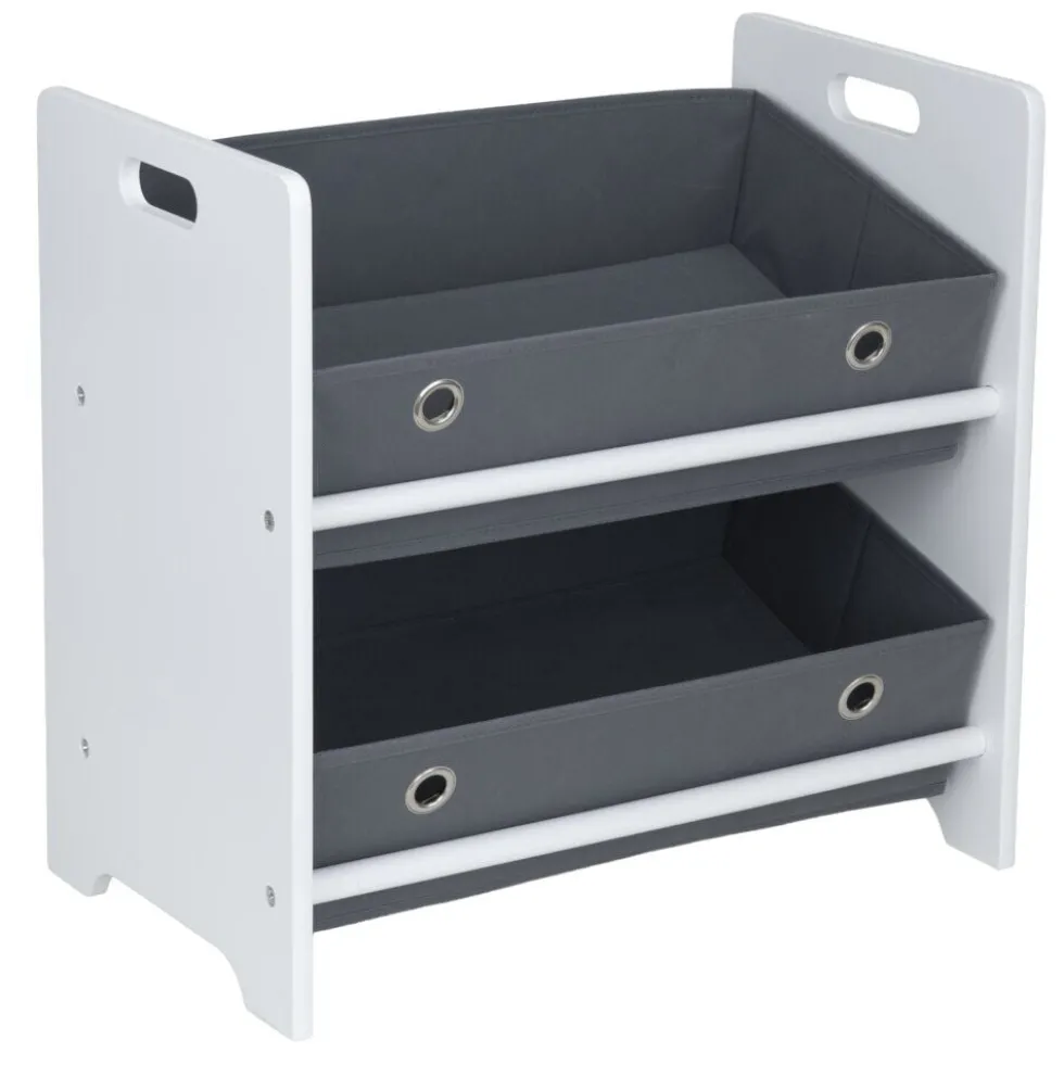 Meuble de rangement enfant 2 niveaux bois blanc et panières grises 50x30xH48cm
