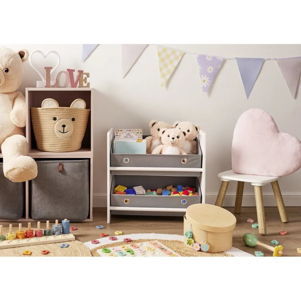 Meuble de rangement enfant 2 niveaux bois blanc et panières grises 50x30xH48cm
