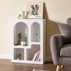 Mini meuble décoratif blanc avec 4 niches arrondies 60x24xH80cm