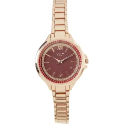 Montre à cadran rond bordeaux avec strass bracelet doré