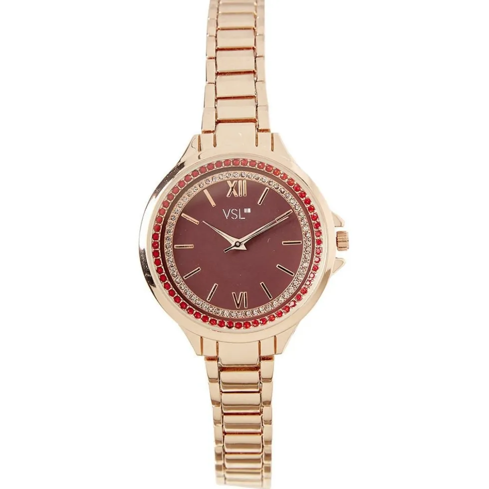 Montre à cadran rond bordeaux avec strass bracelet doré