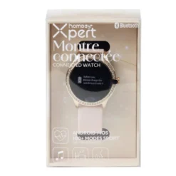 Montre connectée ronde strass bracelet silicone Ø5cm (2 modèles blanc ou rose)