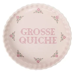 Moule à tarte céramique inscription Grosse Quiche façon point de croix rose Ø27cm