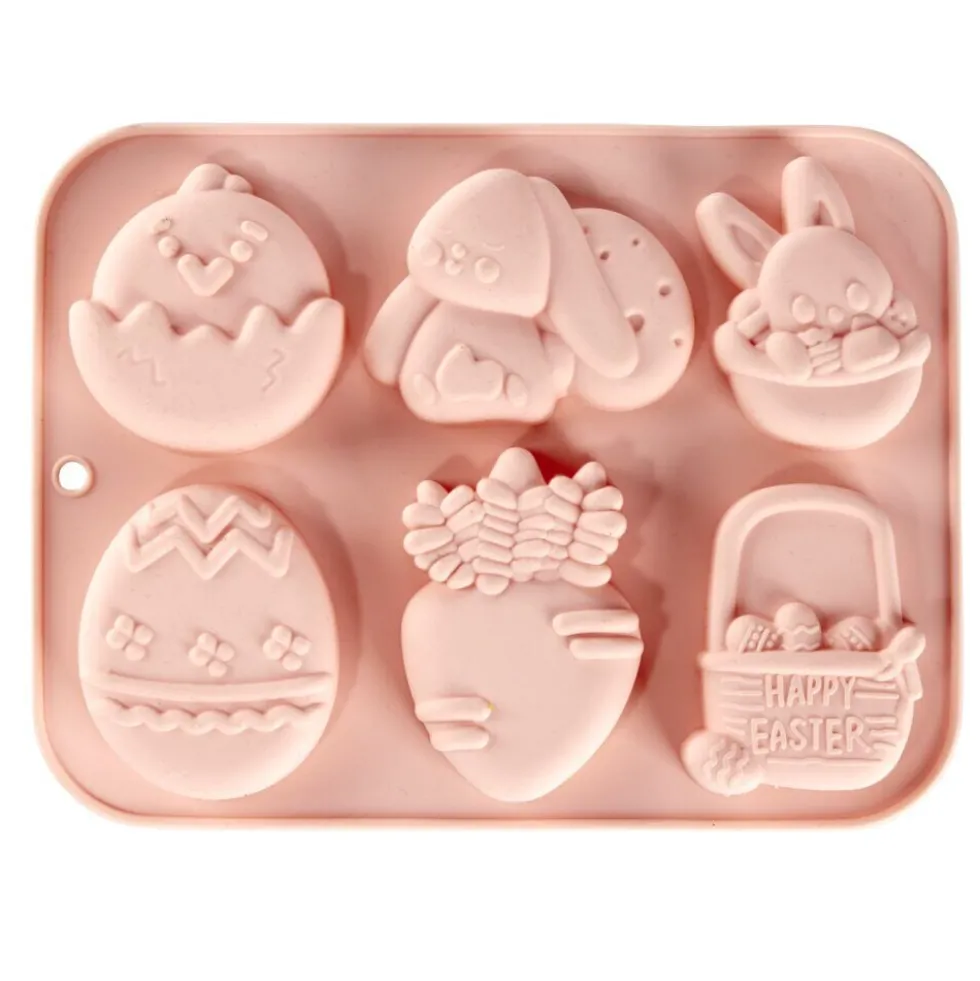 Moule thème Pâques 6 emplacements silicone rose 15x19,5cm