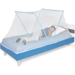 Moustiquaire dôme pliable pour lit 1 place bleu et blanc