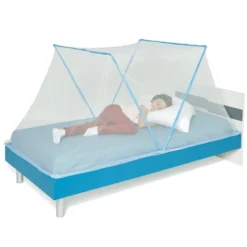 Moustiquaire dôme pliable pour lit 1 place bleu et blanc