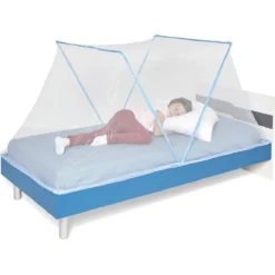 Moustiquaire dôme pliable pour lit 1 place bleu et blanc