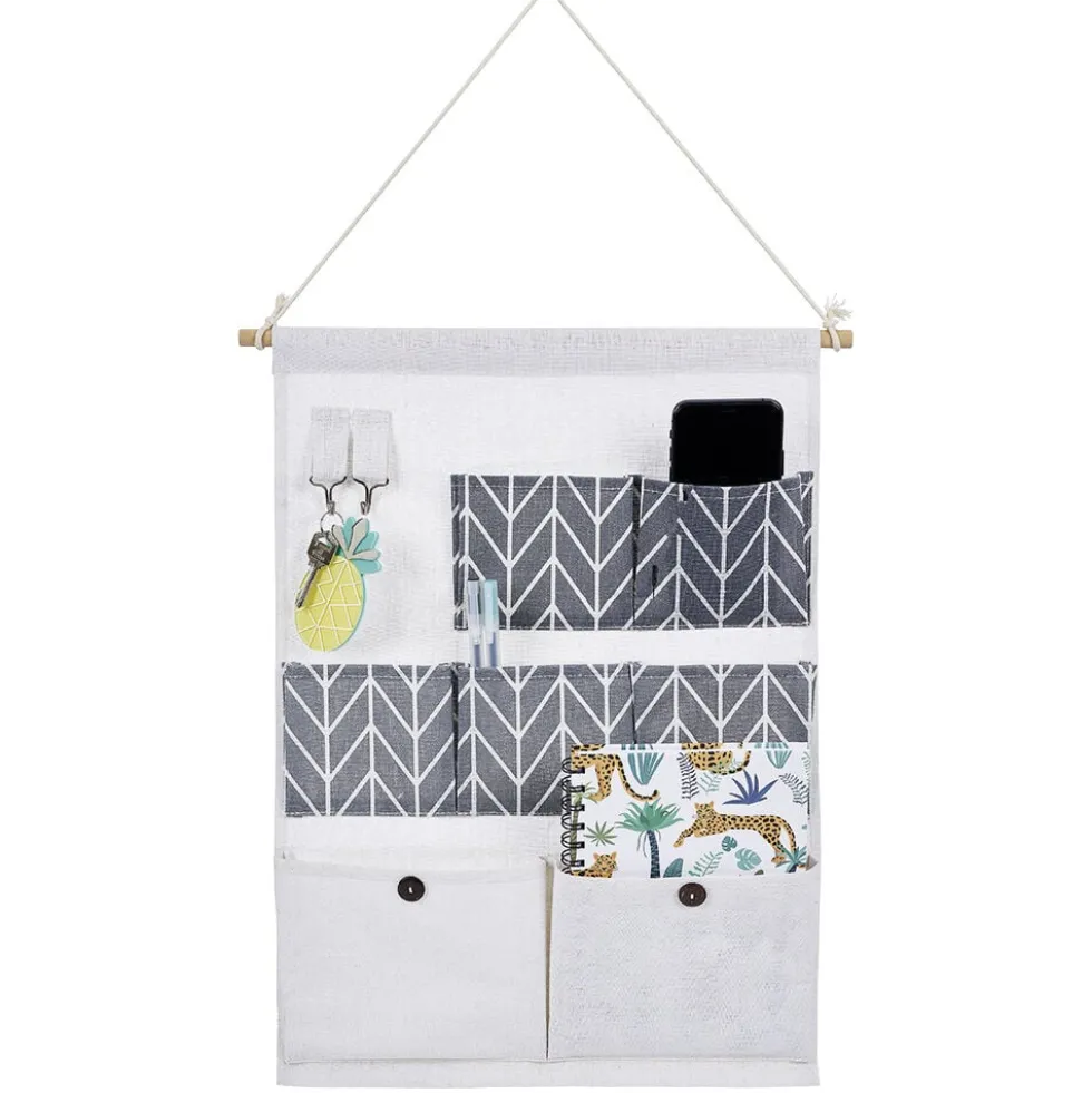 Organisateur mural en tissu 7 poches design beige gris