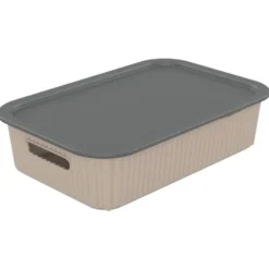 Panier de rangement 2L Vibox plastique beige avec couvercle gris 26x17,5xH6cm