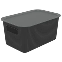 Panier de rangement 4L Vibox plastique noir avec couvercle gris 26x17,5xH12,5cm