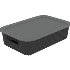 Panier de rangement 2L Vibox plastique noir avec couvercle gris 26x17,5xH6cm