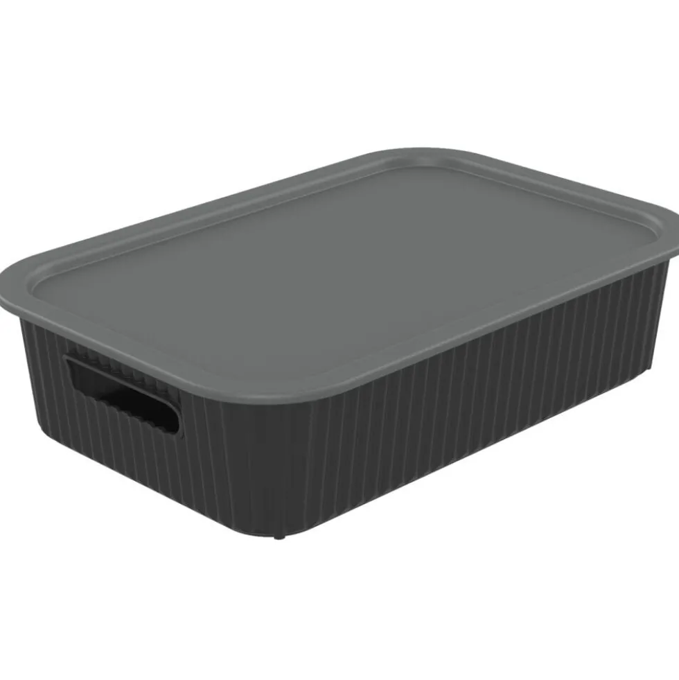 Panier de rangement 2L Vibox plastique noir avec couvercle gris 26x17,5xH6cm