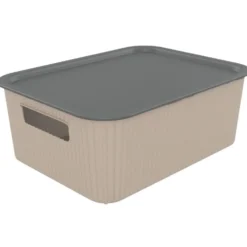 Panier de rangement 10L Vibox plastique beige avec couvercle gris 35x27xH13cm