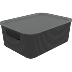 Panier de rangement 10L Vibox plastique noir avec couvercle gris 35x27xH13cm