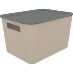 Panier de rangement 14L Vibox plastique beige avec couvercle gris 35x27xH20cm