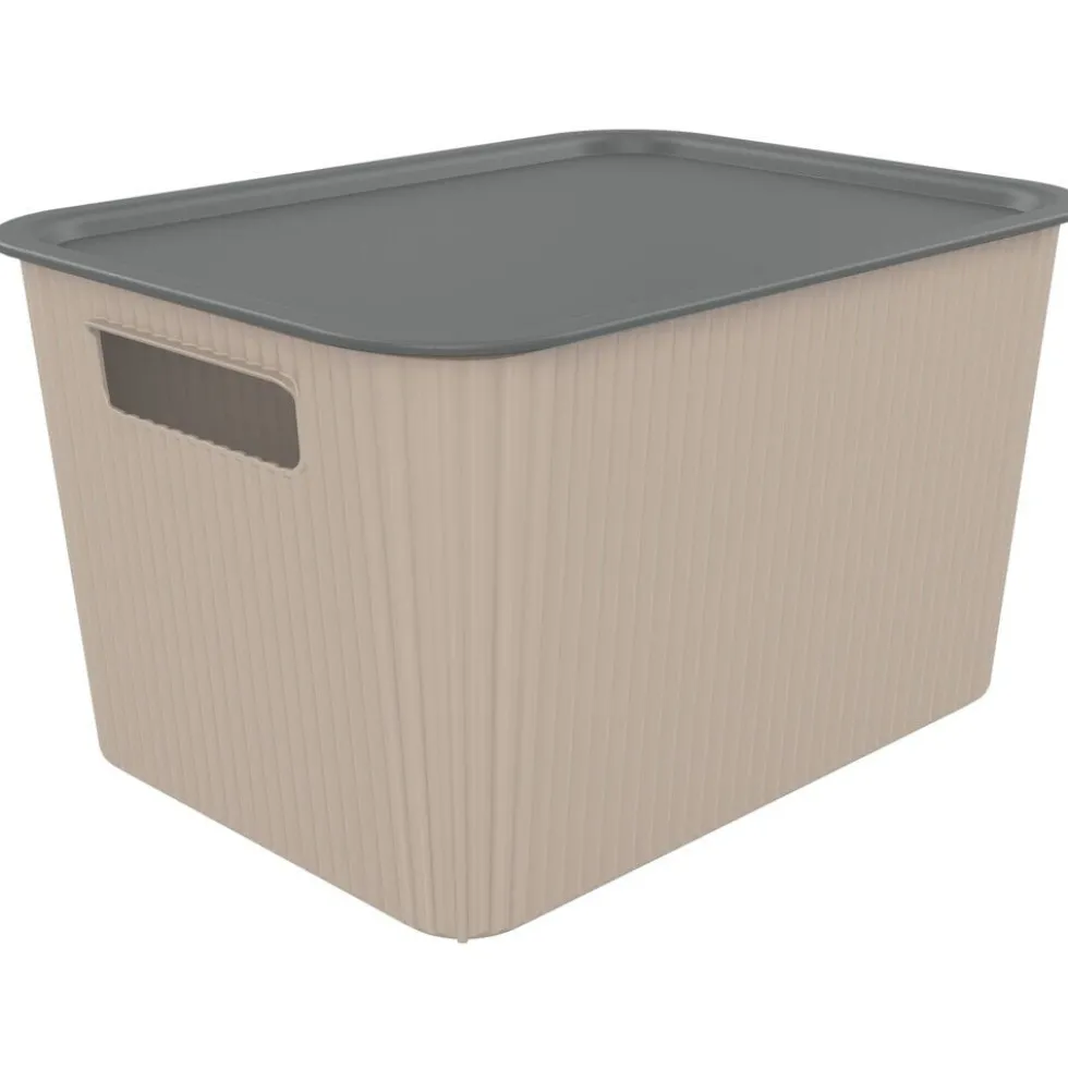 Panier de rangement 14L Vibox plastique beige avec couvercle gris 35x27xH20cm