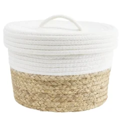 Panière avec couvercle coton jute blanc et naturel grand modèle Ø27xH18cm