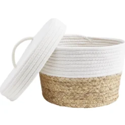 Panière avec couvercle coton jute blanc et naturel grand modèle Ø27xH18cm