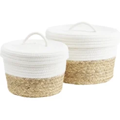 Panière avec couvercle coton jute blanc et naturel grand modèle Ø27xH18cm