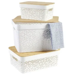 Panière de rangement blanche avec couvercle en bambou moyen modèle