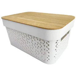 Panière de rangement blanche avec couvercle en bambou moyen modèle
