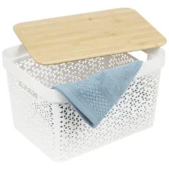 Panière de rangement blanche avec couvercle en bambou grand modèle