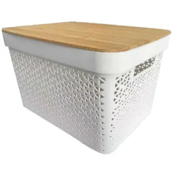 Panière de rangement blanche avec couvercle en bambou grand modèle