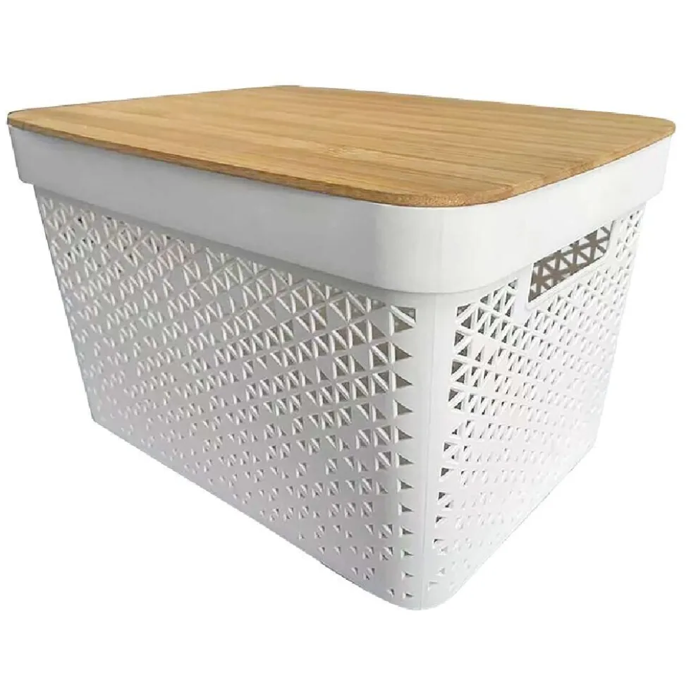 Panière de rangement blanche avec couvercle en bambou grand modèle