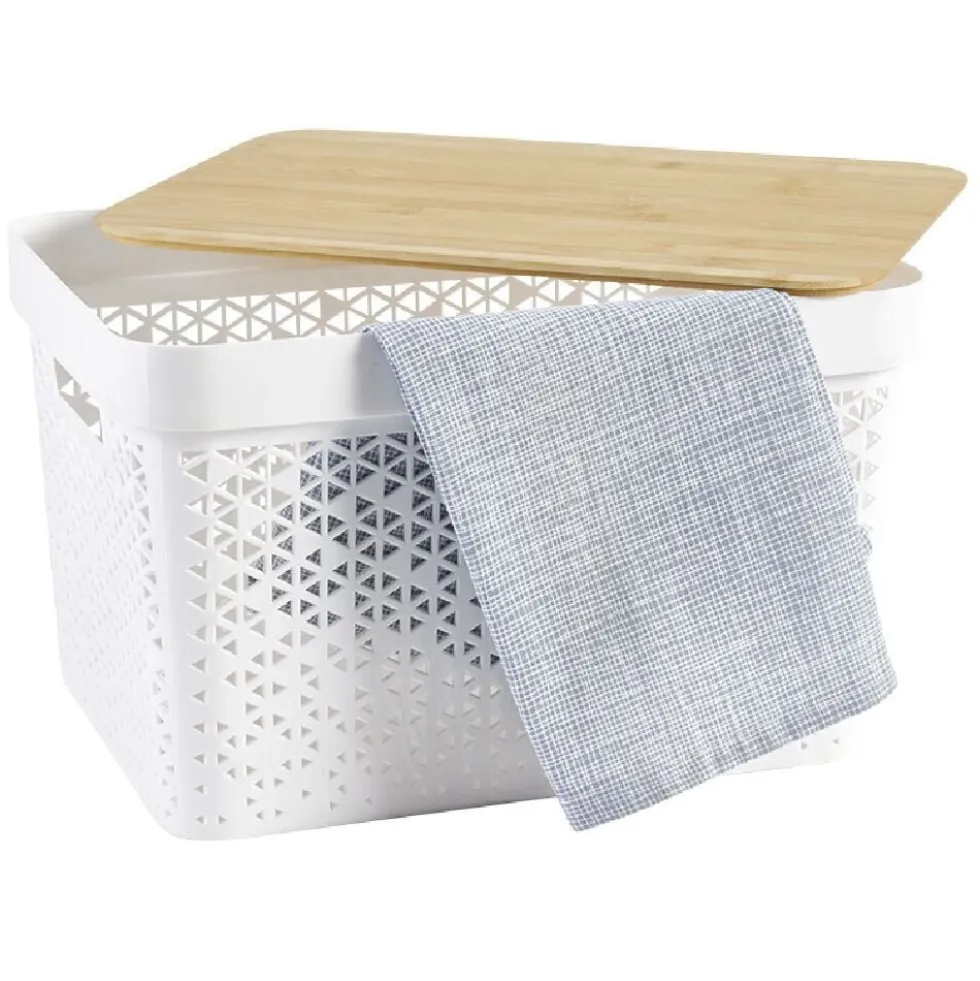 Panière de rangement blanche avec couvercle en bambou grand modèle