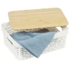 Panière de rangement blanche avec couvercle en bambou petit modèle
