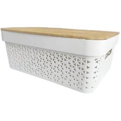 Panière de rangement blanche avec couvercle en bambou petit modèle