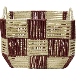Panière de rangement carrée damier papier beige et rouge 29x29xH20cm