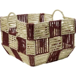 Panière de rangement carrée damier papier beige et rouge 29x29xH20cm
