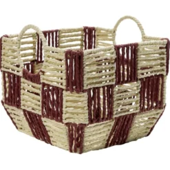 Panière de rangement carrée damier papier beige et rouge 26x26xH20cm