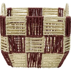 Panière de rangement carrée damier papier beige et rouge 26x26xH20cm