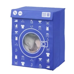 Panière de rangement à linge décor machine à laver bleu 44x35x55cm