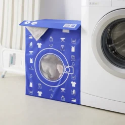 Panière de rangement à linge décor machine à laver bleu 44x35x55cm