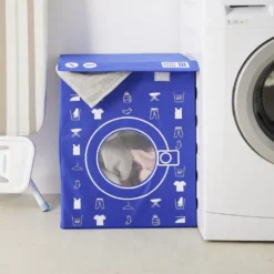 Panière de rangement à linge décor machine à laver bleu 44x35x55cm