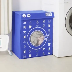 Panière de rangement à linge décor machine à laver bleu 44x35x55cm