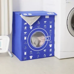 Panière de rangement à linge décor machine à laver bleu 44x35x55cm