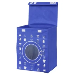 Panière de rangement à linge décor machine à laver bleu 44x35x55cm