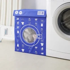 Panière de rangement à linge décor machine à laver bleu 44x35x55cm
