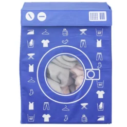 Panière de rangement à linge décor machine à laver bleu 44x35x55cm