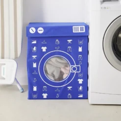 Panière de rangement à linge décor machine à laver bleu 44x35x55cm