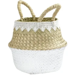 Panière en jute blanc naturel décor dentelle Ø20xH15 cm