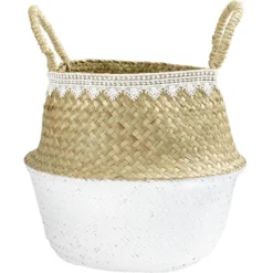Panière en jute blanc naturel décor dentelle Ø28xH25 cm