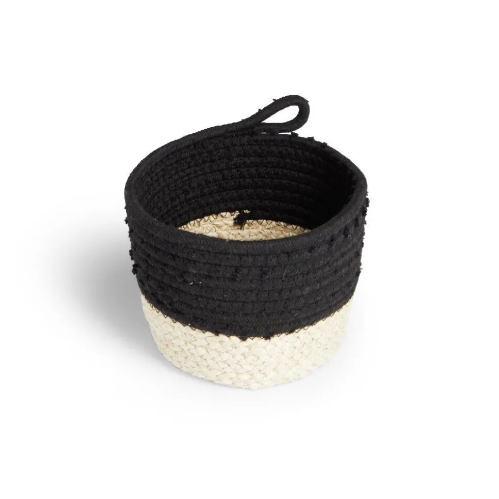 Panière naturelle jacinthe d'eau coton beige et noir Ø18xH16cm