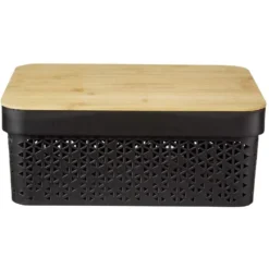 Panière noire avec couvercle bambou naturel H12 cm